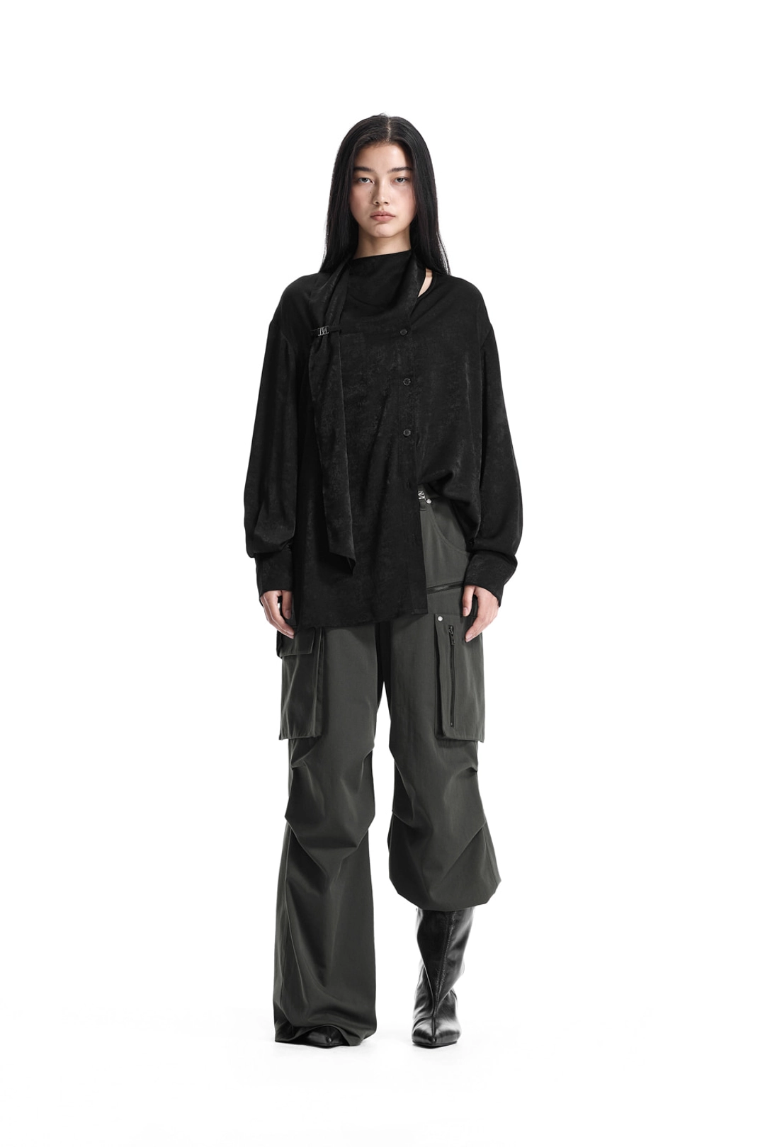 트리밍버드 Asymmetric Scarf Blouse [ Black ] 상품 이미지 2