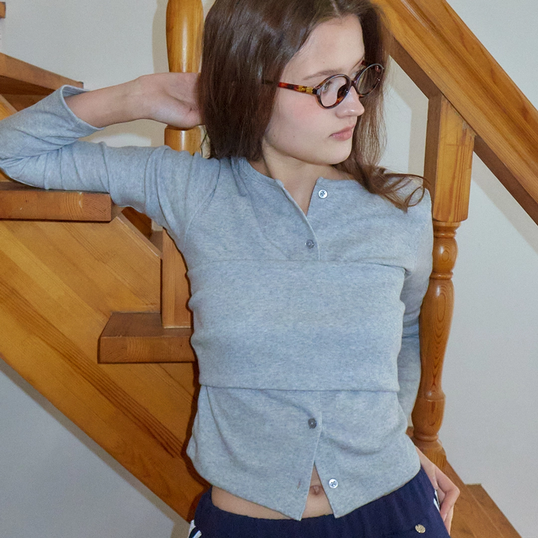 론론 LAYERED BUSTIER TIE BACK SLIM FIT CARDIGAN GREY 상품 이미지 1