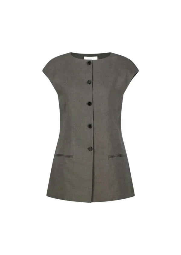 Linen Curved Vest, Khaki