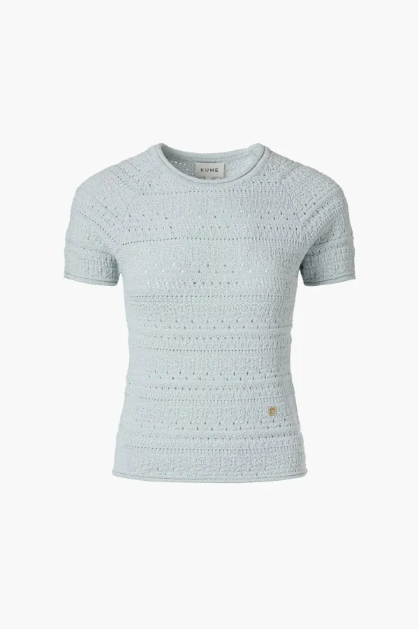 Crochet Short Sleeved Sweater, Light Blue