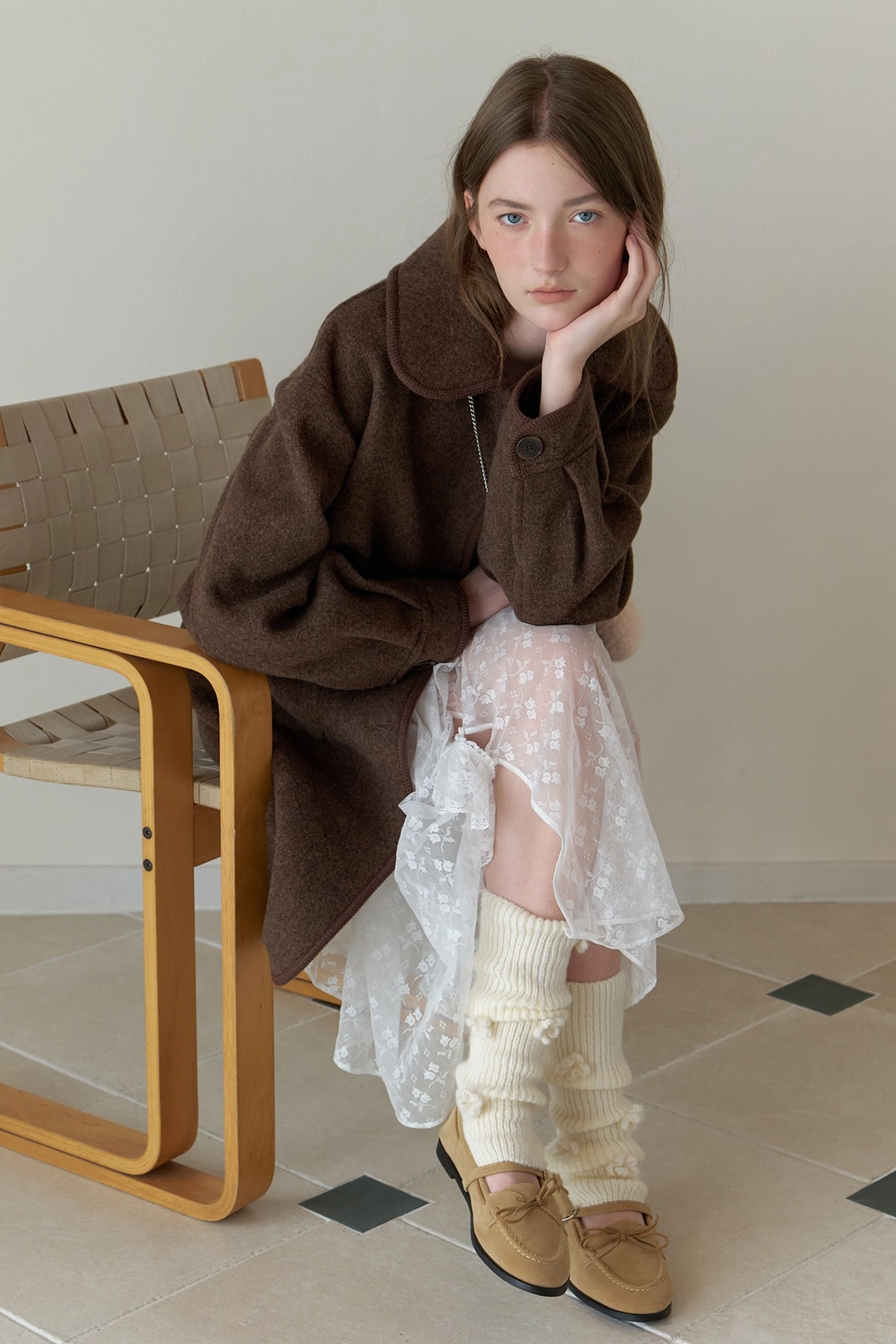순수 Knit Trim Coat (Brown) 상품 이미지 1