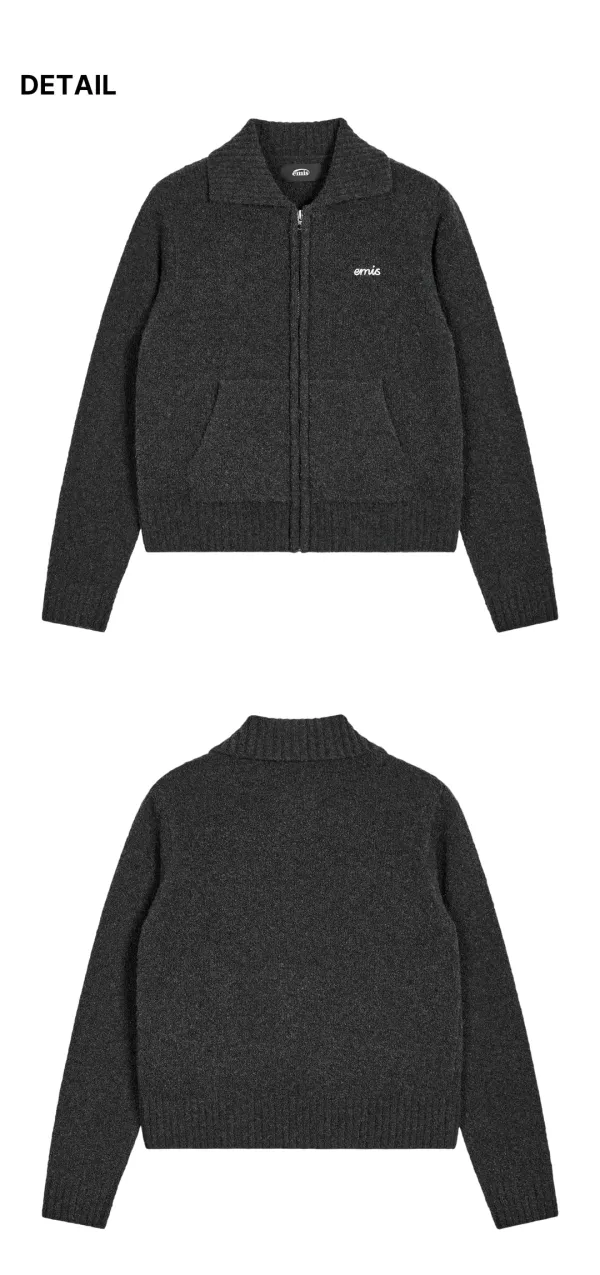 (W) BOUCLE KNIT ZIP CARDIGAN-CHARCOAL
