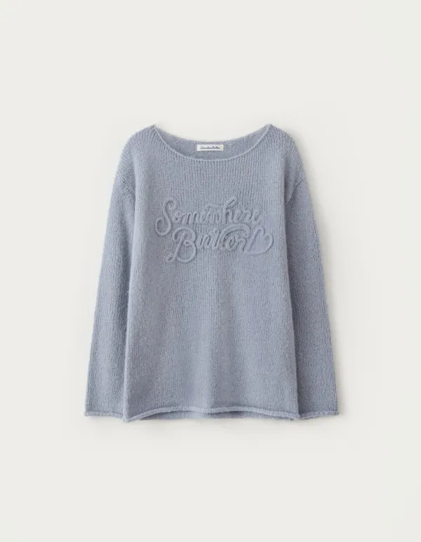 Mohair Letter Long Sleeve Knit - Light Blue