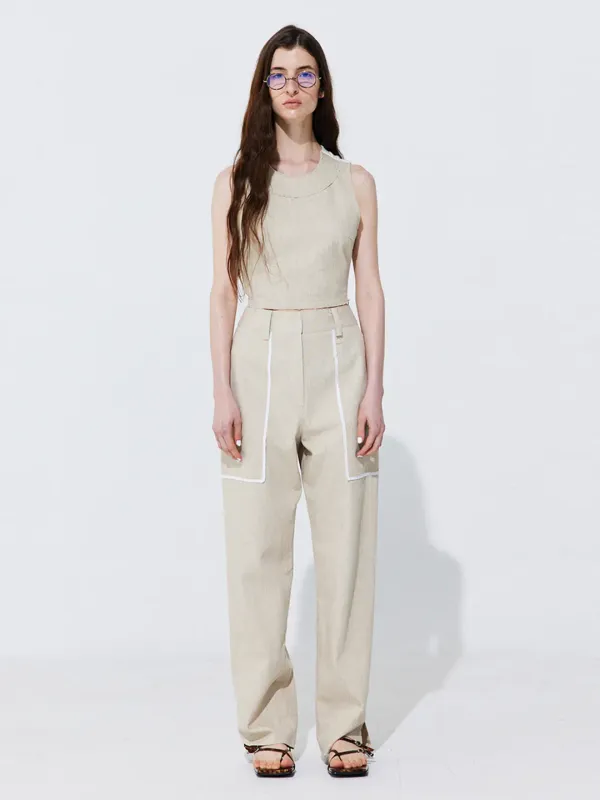 Color-Block Point linen Trousers_Beige
