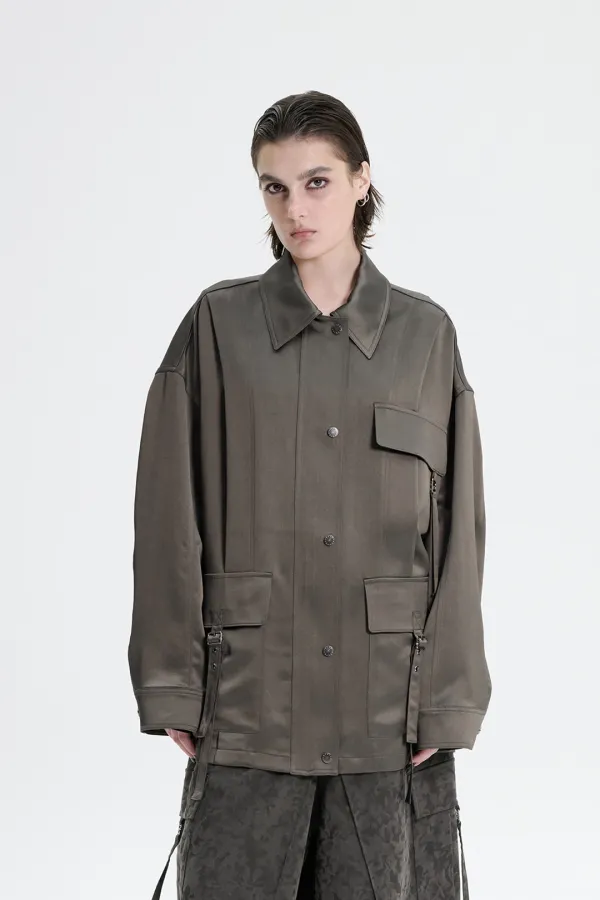 Glossy Satin Strap Jacket [ Khaki ]