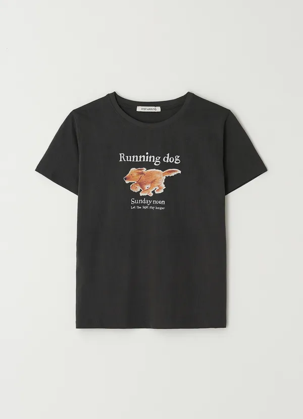 Running dog print T-shirts_CHARCOAL