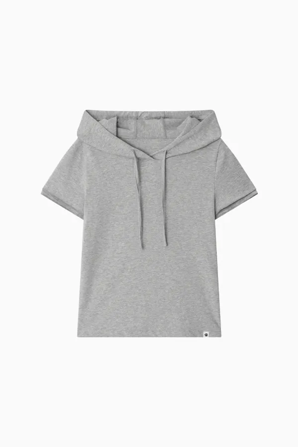 HOODED LAYERED CAP SLEEVE T-SHIRT, MELANGE