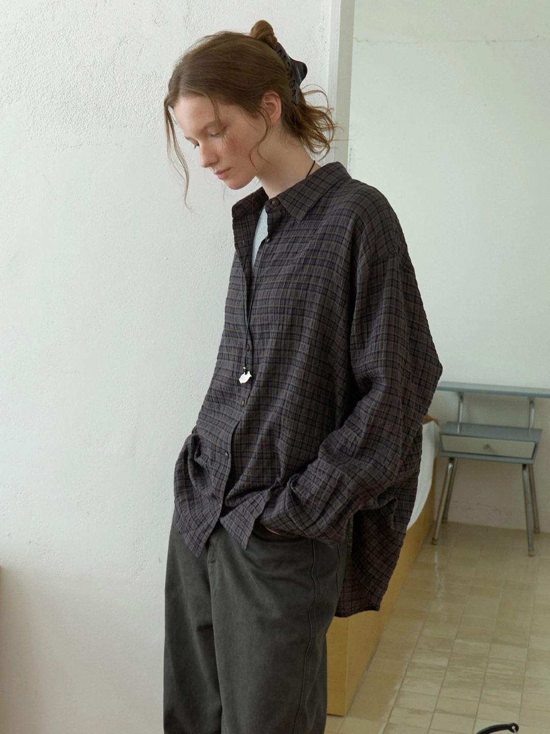 더미튼 Glen overfit check shirt (grape vine) 상품 이미지 1