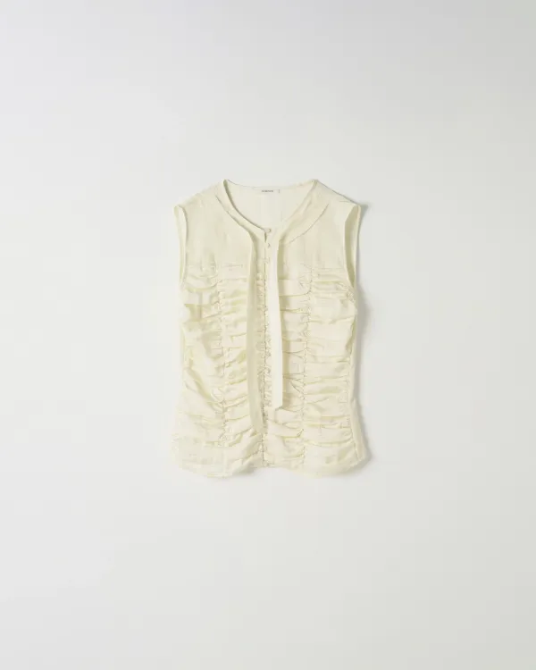 Tie-Neck Shirred Sleeveless [CREAM]