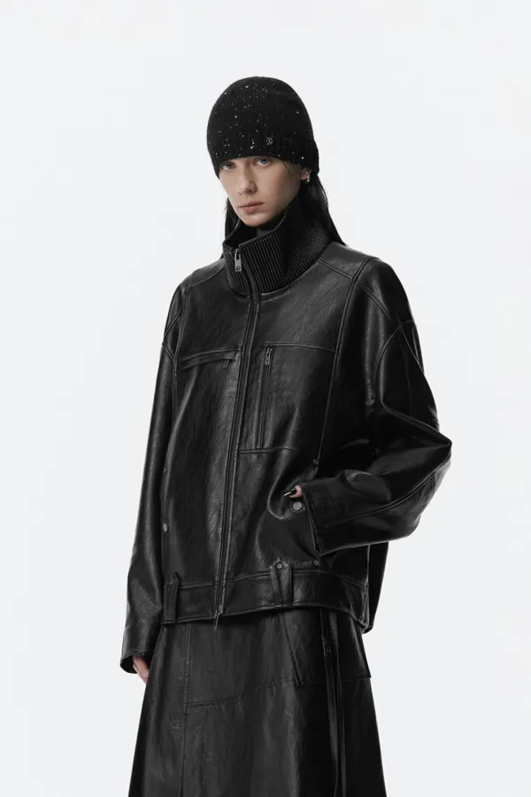 Vintage Leather Bomber Jumper [ Black ]