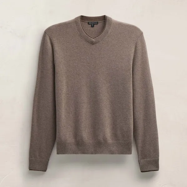 Contrast Trim Cashmere V Neck - Warm Brown/Mid Brown