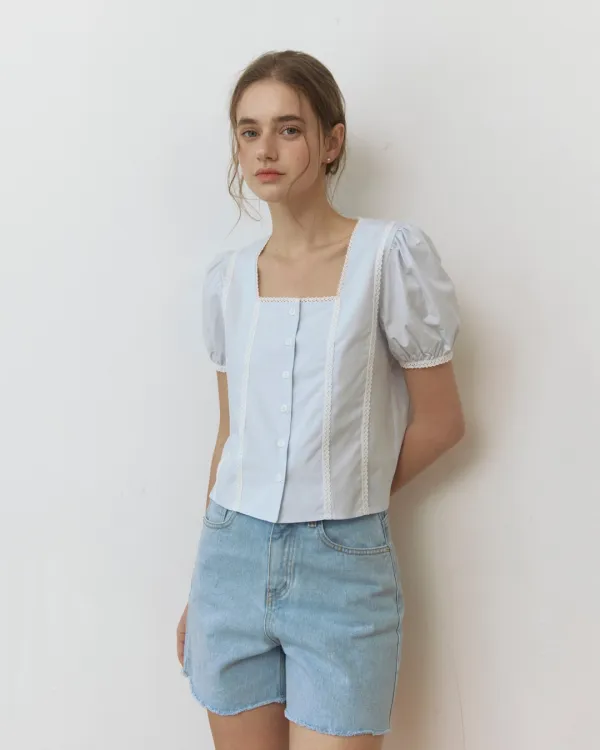 Lace point puff square neck blouse - skyblue