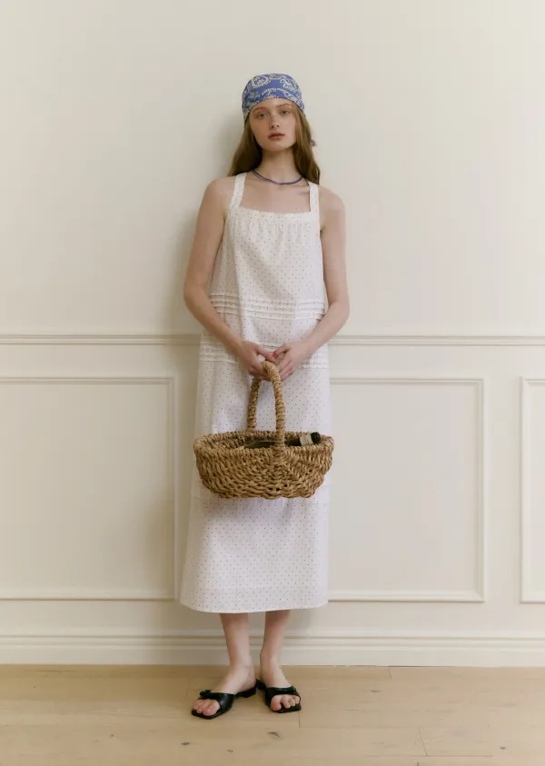 SQUARE-NECK BACK RIBBON DRESS (dot ivory)