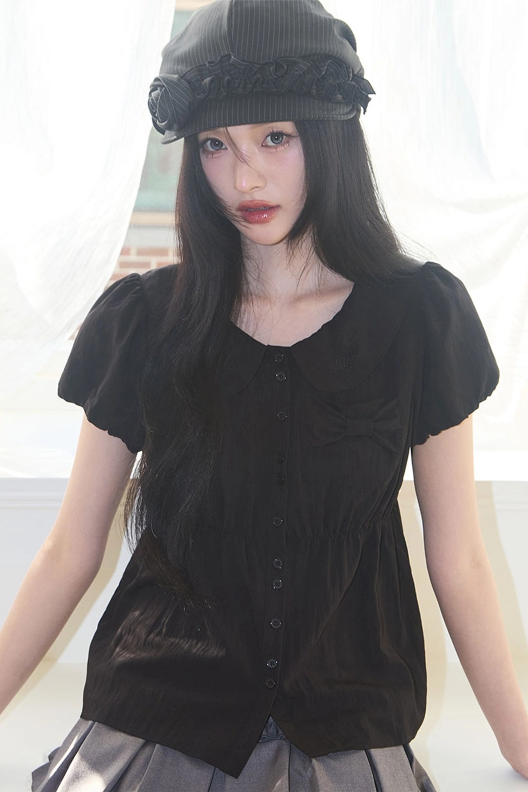 일리고 포밍 리본 퍼프 블라우스 블랙 상품 이미지 2