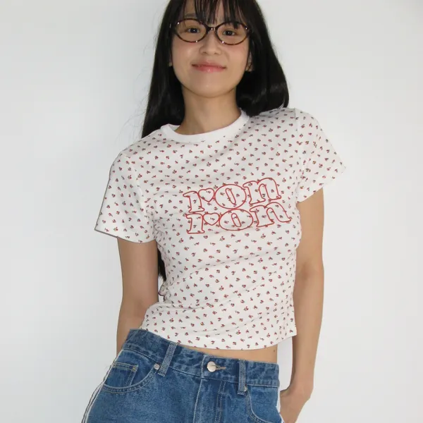 FLORAL LOGO SLIM CROP T SHIRT WHITE