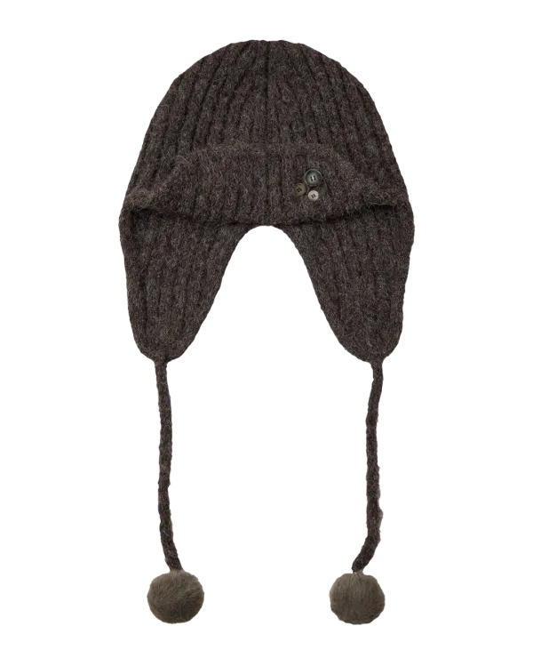BUTTON KNIT TROOPER BEANIE [DARK BROWN]
