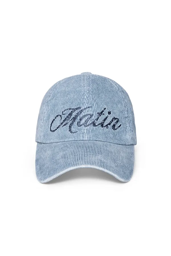 MATIN CRACKED SCRIPT CORDUROY BALL CAP IN LIGHT BLUE