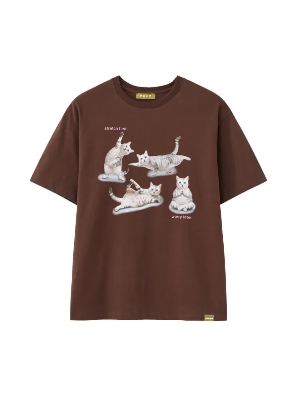 Stretching Cat T-Shirt - Brown