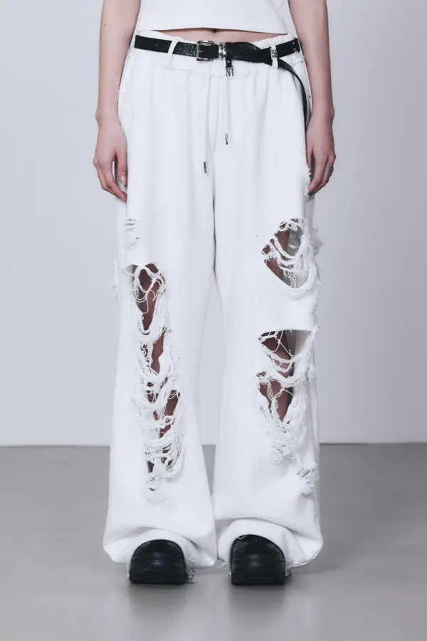 Scratch Damage Wide Sweat Pants [ White ]