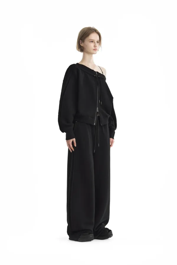 TMB Off-Shoulder Sweat Set-Up Zip-Up [ Black ]