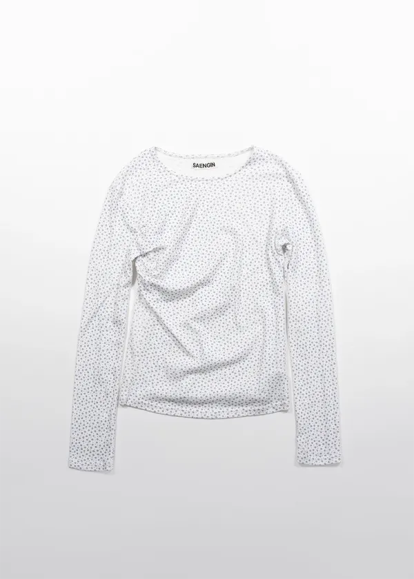 FLOWER SHIRRING COTTON LONG SLEEVE - WHITE