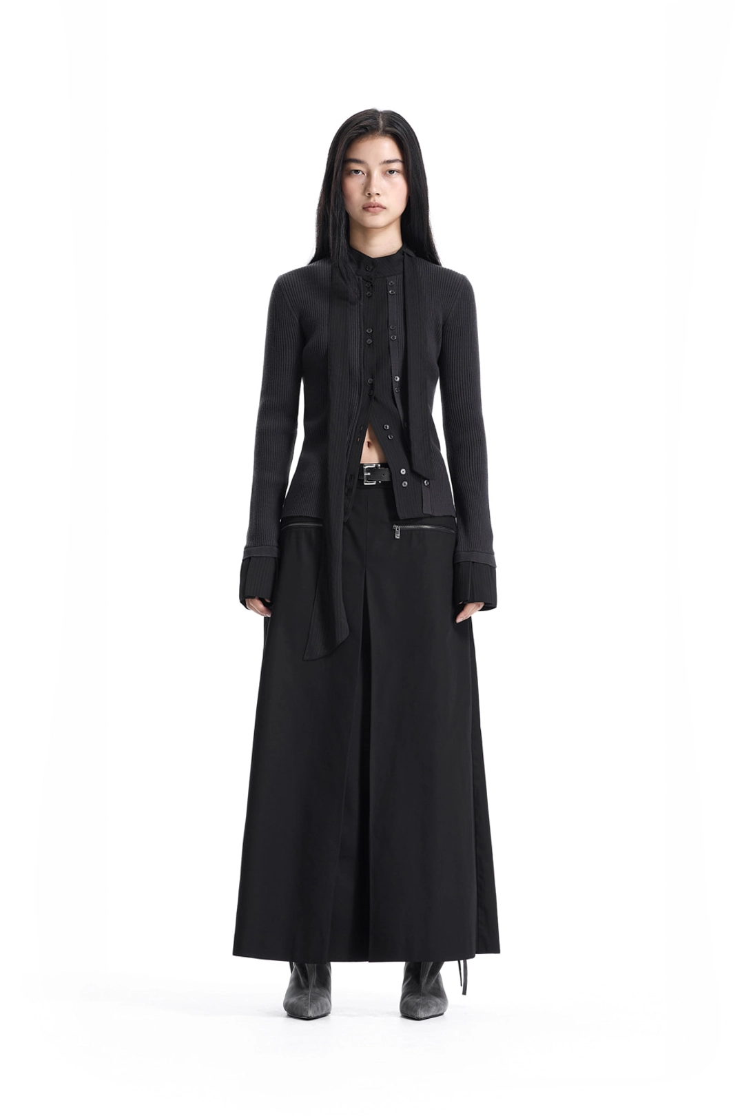 트리밍버드 Fabric-Combo Scarf Knit Cardigan [ Black ] 상품 이미지 2