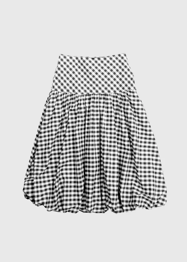 RUFFLE PLEATED BALLOON CHECK SKIRT - BLACK CHECK