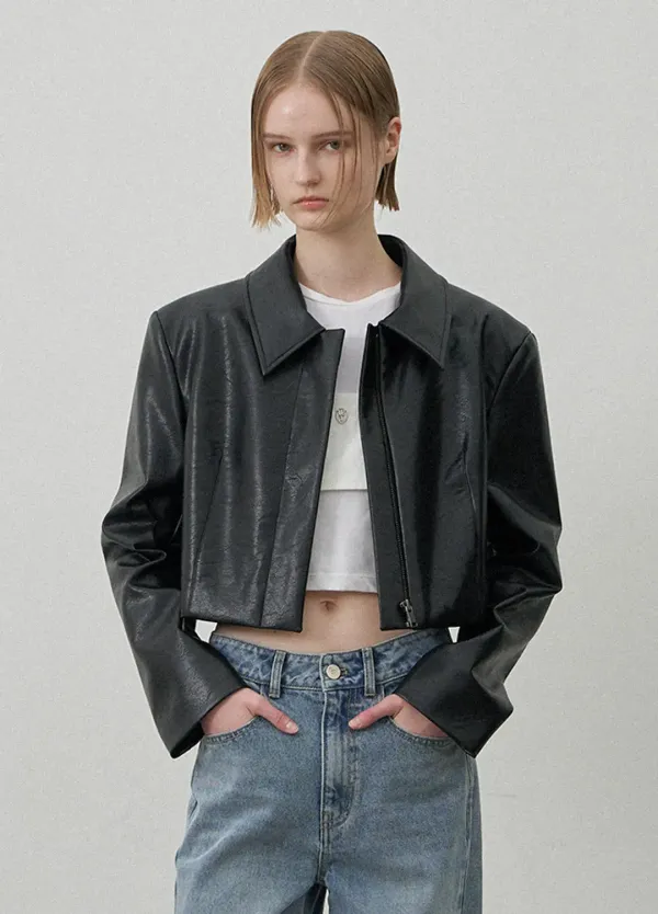 (JK-3012)LEATHER ZIPPER CROP JACKET