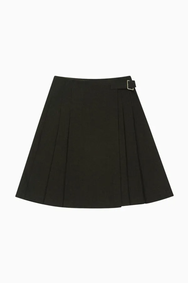 WOOL PLEATED WRAP SKIRT, KHAKI