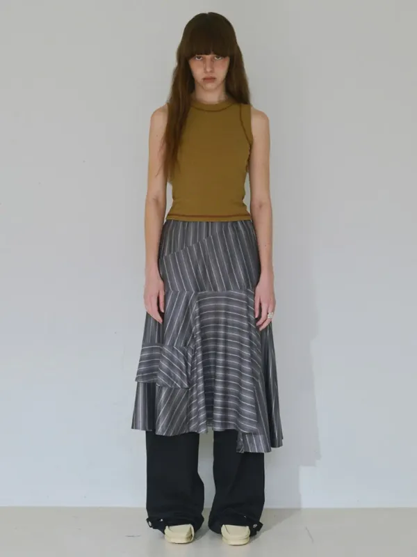 Asymmetric Striped Midi Skirt [Charcoal]