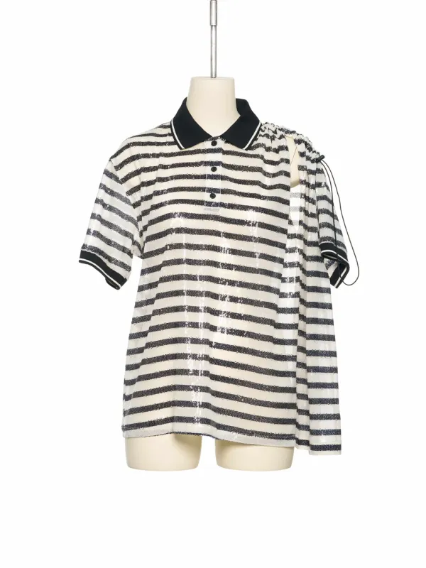 PS26 IVORY ASYMMETRIC STRIPED SEQUIN PIQUÉ TOP