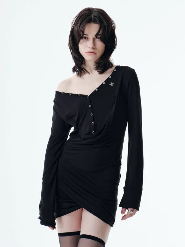 DRAPED HENLEY DRESS (BLACK)