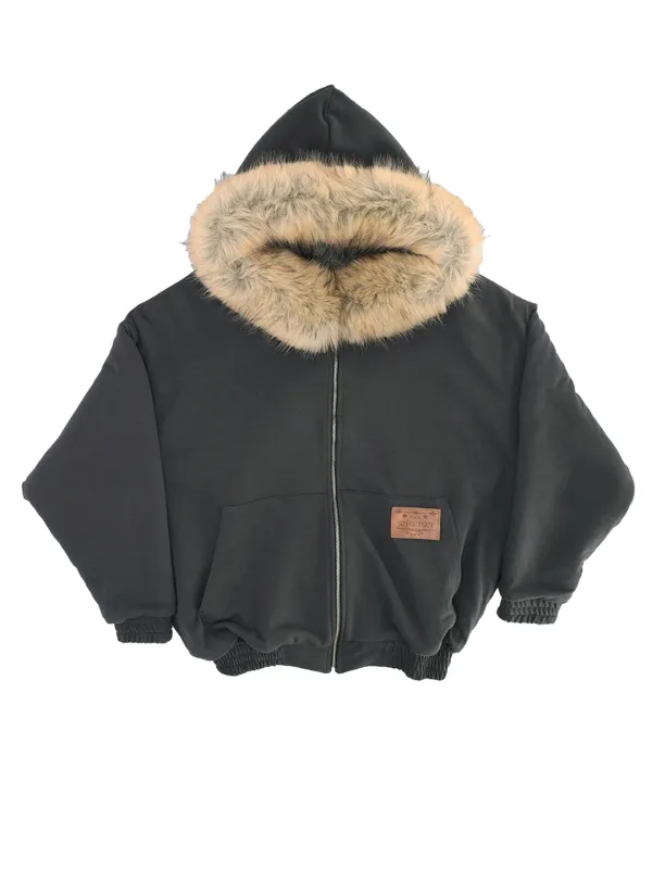 WILD OVERFIT FUR HOODED ZIP UP CHARCOAL