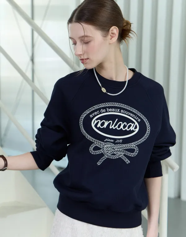Ribbon Rope Print Sweatshirt - Navy