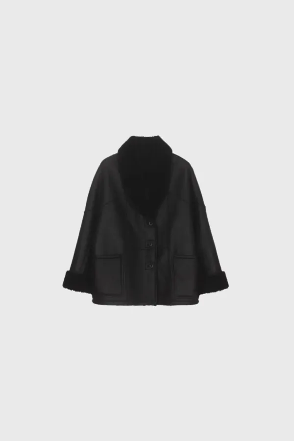[Exclusive] Sheepskin shearling coat (beige / black)