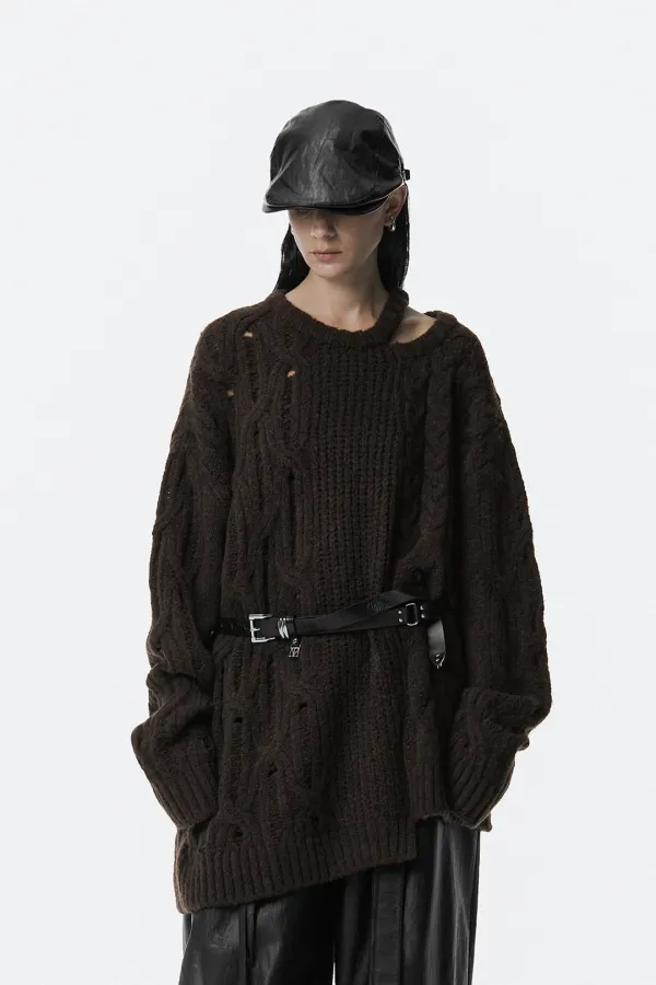 Mixed Cable Knit Pullover [ Khaki Brown ]