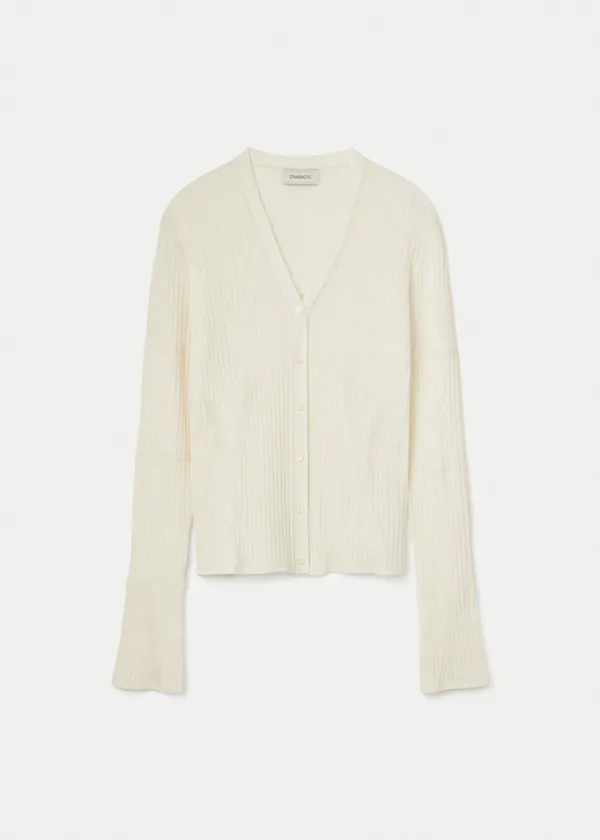Linen Cotton Ribbed V Neck Cardigan_Vanilla