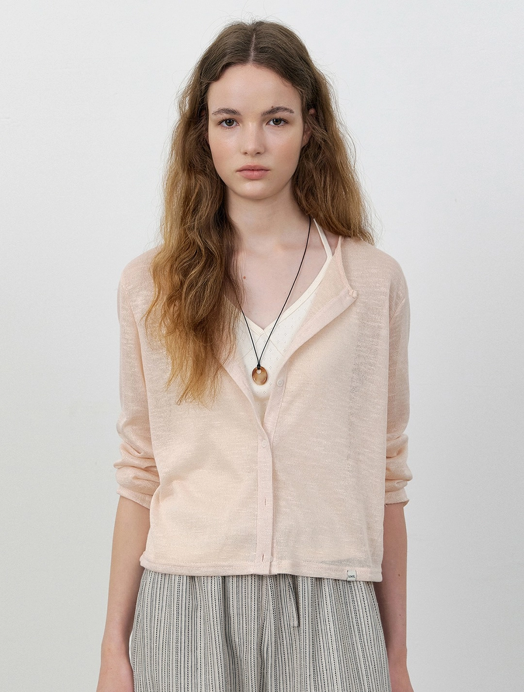 로에일 Linen blend round neck cardigan_Pink 상품 이미지 1