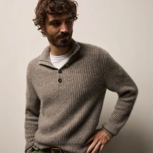 Lightweight Cashmere 1/4 Button Sweater - Beige Melange
