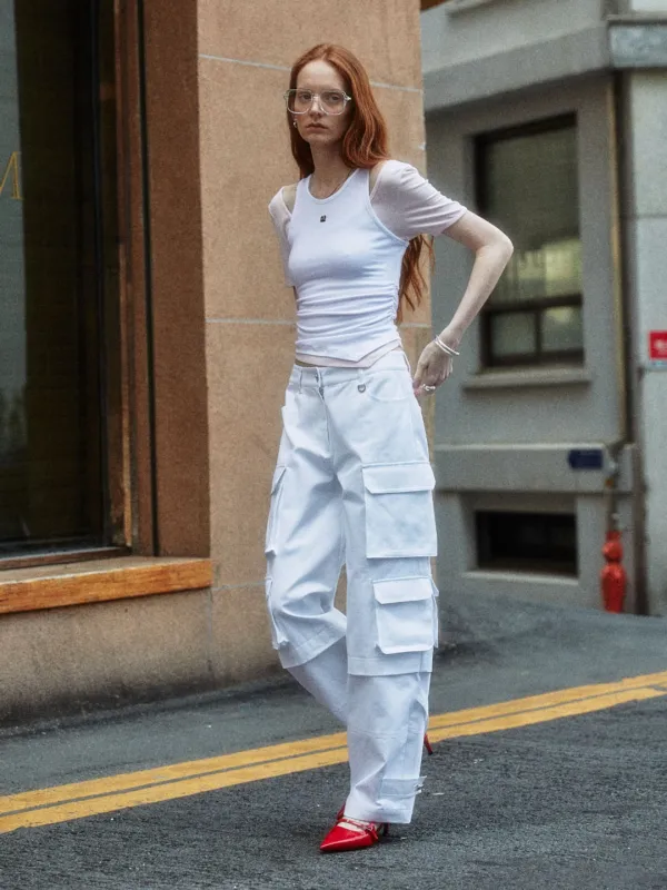 [2nd] RASPAIL Double-Layered Cut-Out Contrast Jersey Top_White+Pink