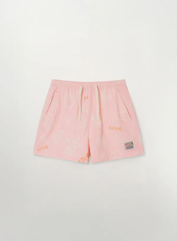 (W) Hand Drawing Graphic Swim Shorts - Pink