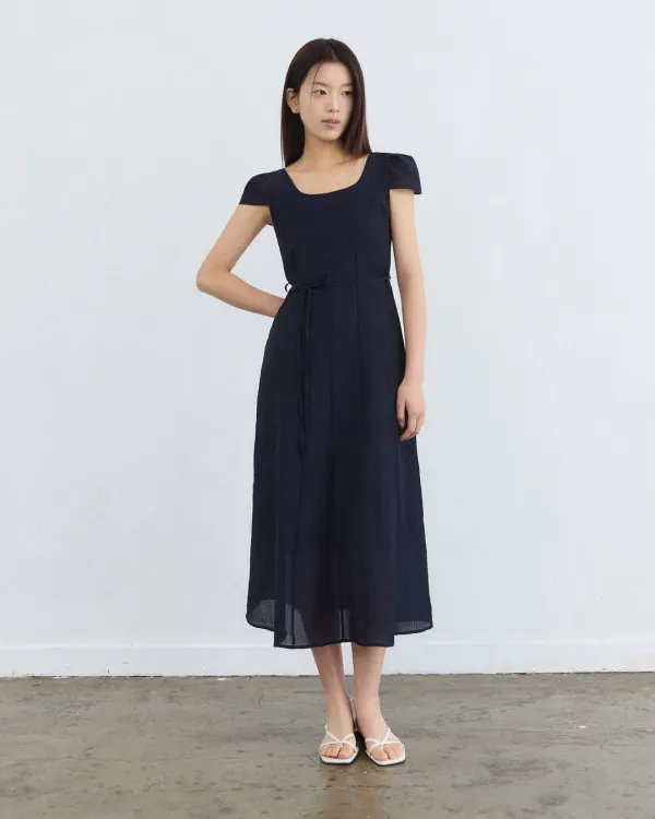 Smocking square neck long dress - navy