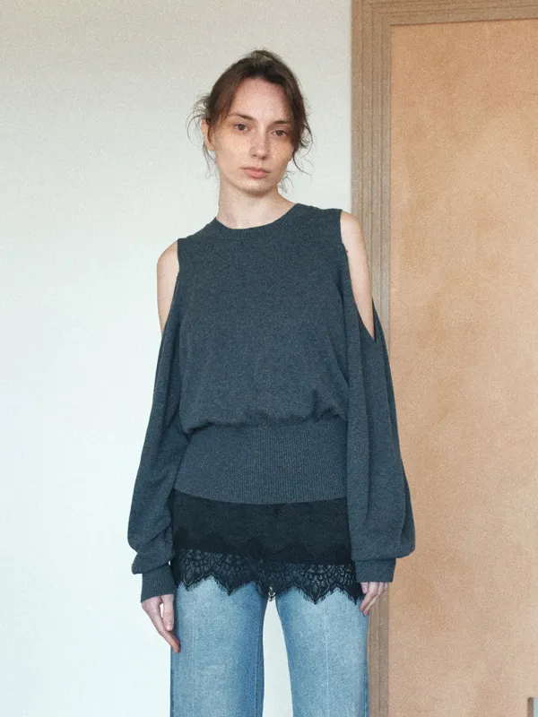 TIS OPEN SHOULDER VOLUME KNIT TOP_CHARCOAL