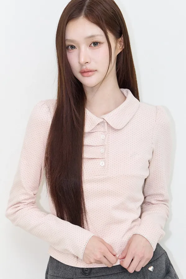 도트 핀턱 카라 롱슬리브 핑크