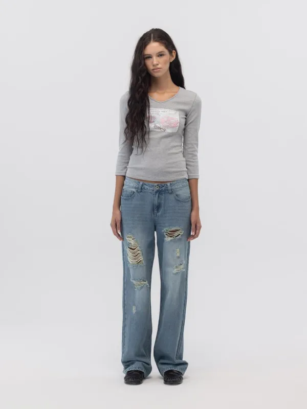 DAMAGE CINCH BACK ROLL-UP JEANS (WASHED BLUE)