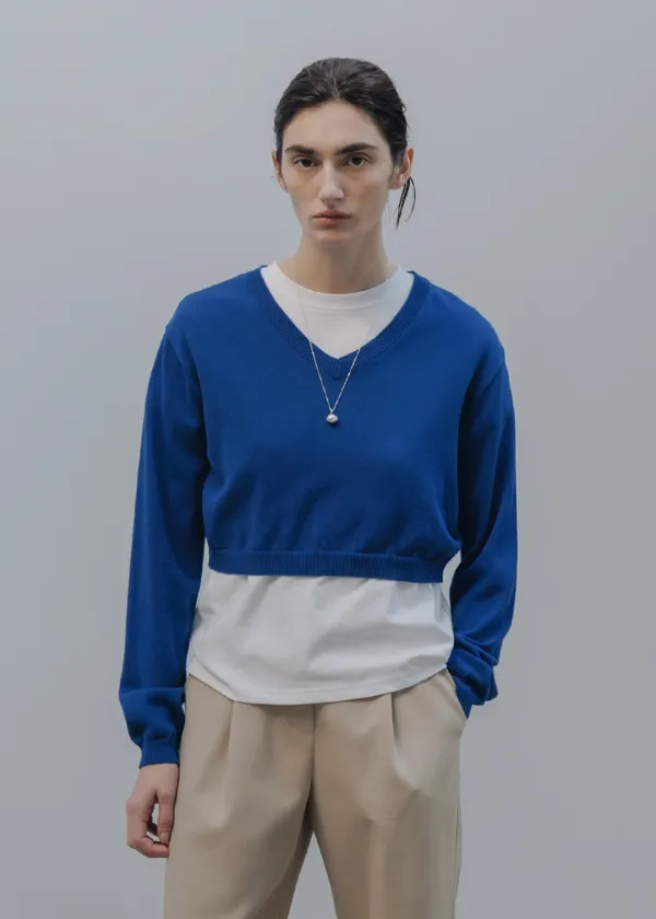 Crop v-neck knit (blue)