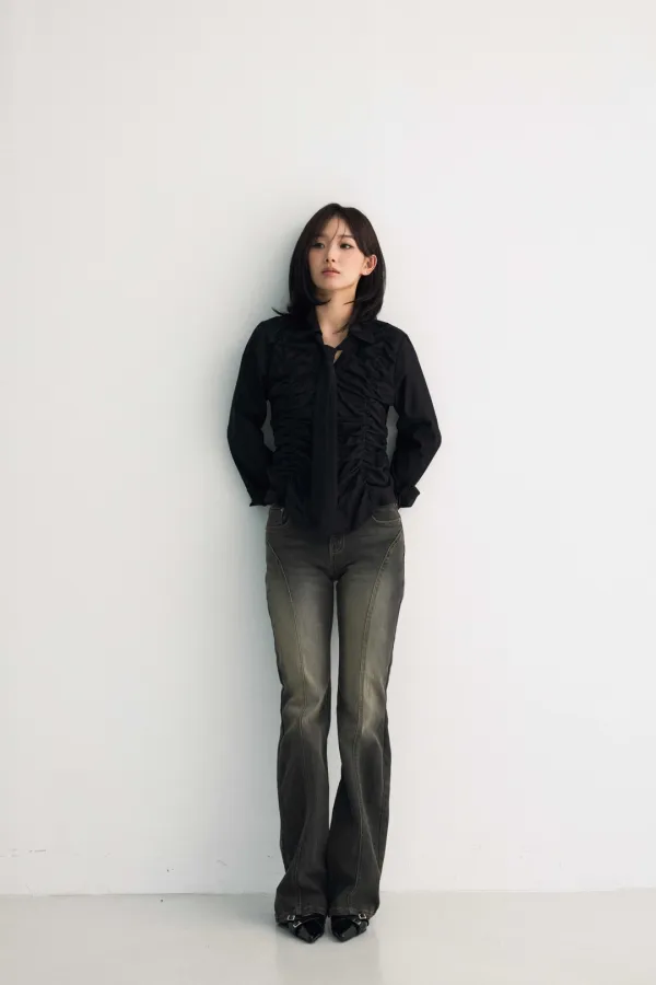 ELISE TIE SHIRRING SHIRT / BLACK