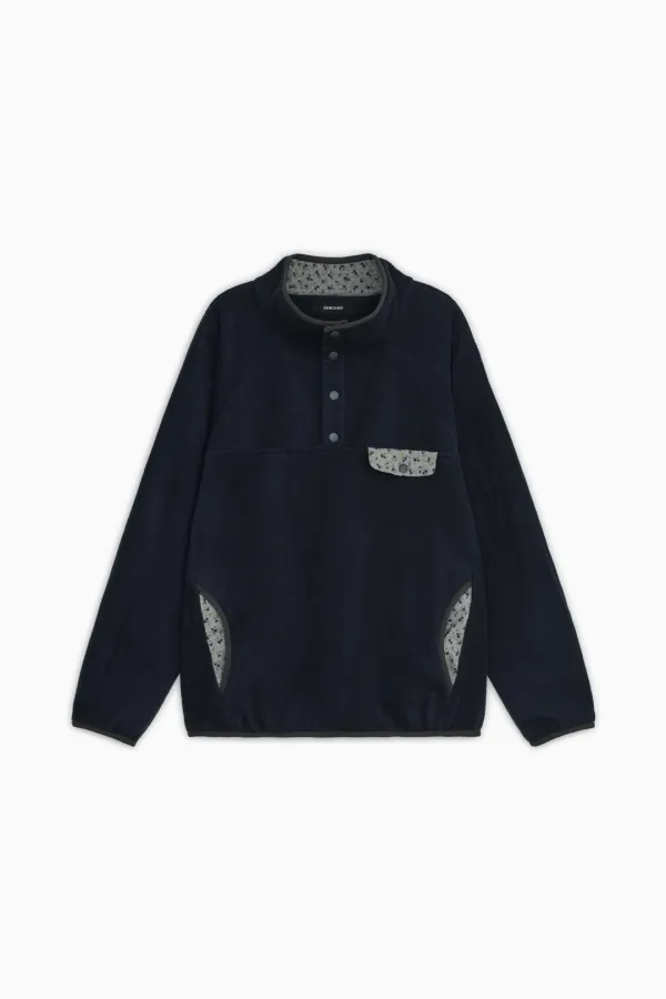 FLORAL CONTRAST FLEECE PULLOVER, NAVY