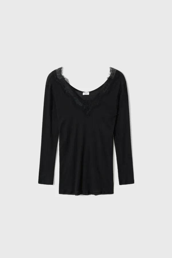 [2nd] [Exclusive] Lace Trimmed Rib T-Shirt (Black)