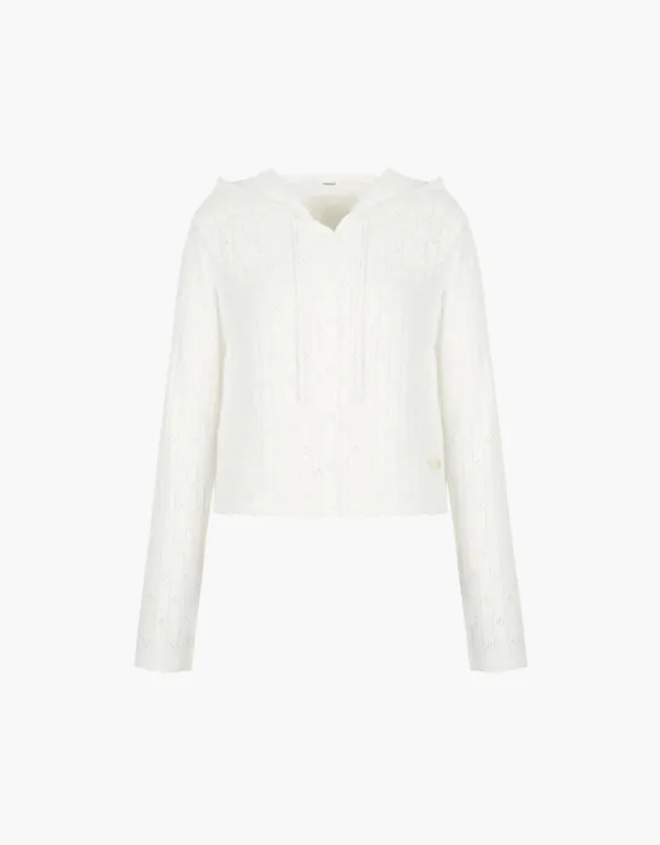 eyelet knit hooded cardigan - off white